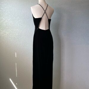 Vintage Black Velvet Maxi Dress Rhinestone Straps Open Back 90s Y2K Size M